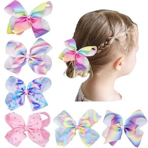 6 inch Hair Bows for Girls Pink Color Alligator Clips Unicorn Rainbow Grosgrain Ribbon Lovely Hair Accessories, 6 Pack