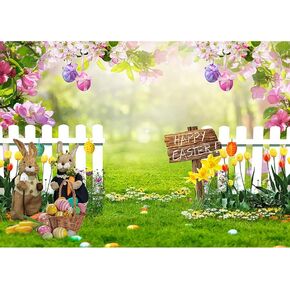 LTLYH 7x5ft Easter Backdrop Easter Photo Decorations Background Easter Rabbit Colorful Eggs Fence Grass Wall Decor Photography Background 172