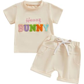 Gueuusu Toddler Baby Boy Girl Easter Outfit Hunny Bunny Embroidery Short Sleeve T Shirt and Shorts 2Pcs Easter Clothes Set