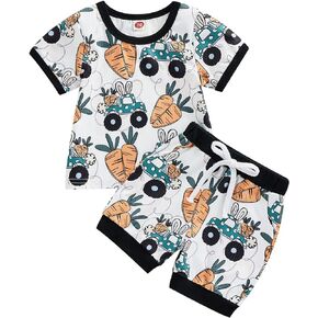 BOIBOKOKO 2PCS Baby Boy Easter Outfit Bunny Letter Print Short Sleeve T-Shirt Top Solid Color Shorts Set Baby Summer Clothes