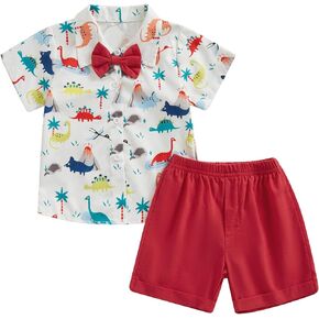Thorn Tree Toddler Baby Boys Clothes Bow Tie Dinosaur Button Down Shirt Top Solid Shorts Summer Outfits