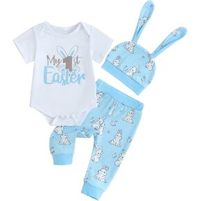 My First Easter Baby Boy Girl Outfit Infant Short Sleeve Romper Bunny Long Pants Hat 3Pcs Easter Clothes Set