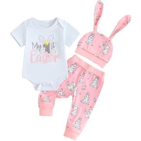 My First Easter Baby Boy Girl Outfit Infant Short Sleeve Romper Bunny Long Pants Hat 3Pcs Easter Clothes Set