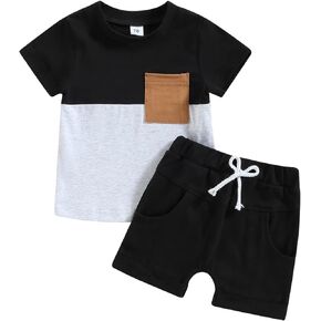 fhutpw Baby Toddler Boy Clothes Summer Outfits 6 12 18 24 Months Patchwork Short Sleeve T Shirt & Shorts Sets with Pockets