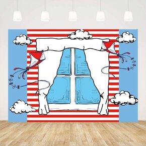 Cartoon Window Backdrops for Photography Kids Birthday Party Background 5x3ft Blue Red Kite Striped Kids Party Backdrop Boys Girls 1st Birthday Decorations Cake Table Banner Show Photo Booth Props