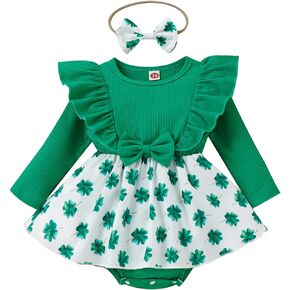 Infant Baby Girls Bodysuit Dress St. Patrick's Day Outfits Long Sleeve Four-Leaf Clover Print Dress and Headband