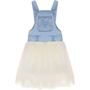 KIDSCOOL SPACE Baby Little Girl Denim Overalls,Layered Tulle Hem Jean Jumpsuit Dress