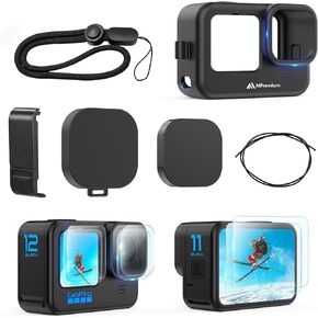MiPremium Black Silicone Sleeve Case for GoPro Hero 12 11 10 9 Black Cameras with Battery Side Cover, Screen Protectors, Lens Caps & Lanyard – Complete Accessories & Protection Kit Bundle for Go Pro