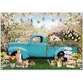 ZTHMOE 7x5ft Fabric Spring Easter Photography Backdrop Blue Truck Colorful Eggs Flowers Rabbit Background Tulip Floral Forest Photo Tapestry Booth Props