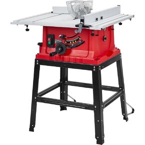Table Saw, 10 Inch 15A Multifunctional Saw with Stand & Push Stick for Jobside, 90° Cross Cut & 0-45° Bevel Cut, Cutting Speed Up to 5000RPM, Adjustable Blade Height, Ideal for Woodworking