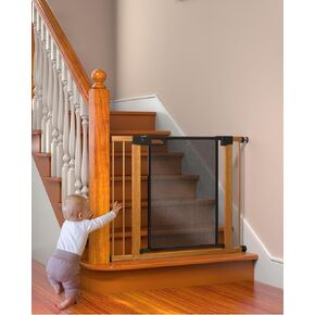 Metal Mesh Baby Gate with Wood Pattern, 29.6-40.6'' Extra Wide Easy Install Pressure Mounted Dog Gate for Stairs Bedroom Auto Close Pet Gate for Doorways