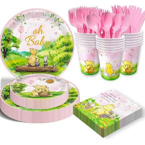 175pcs Vintage Winnie Bear Baby Shower Pooh Decorations Birthday Party Supplies Tableware Set (25 Guest)With Paper Plates Cups Napkins Cutlery for Boy Girl Newborn Birthday Party Dinnerware Decoration