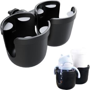 Universal 360°Rotation Dual Cup Holder for Baby Stroller, Adjustable 2 in 1 Double Stroller Cup Holder Attachment for Bike, Wheelchair, Scooter