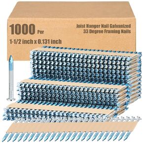1000 Per Framing Nails Box Joist Hanger Nail Galvanized 33 Degree Paper Row Fixed Round Head Hot Dip Galvanized Smooth Shank Paper Tape Collated, Tip Blue Paint(1-1/2 x 0.131 Inch)