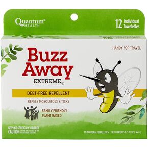 Quantum Buzz Away Extreme Towelettes - Natural DEET-free Insect Repellent Wipes, Essential Oils - Small Children and Up, Travel Friendly, 12 Count