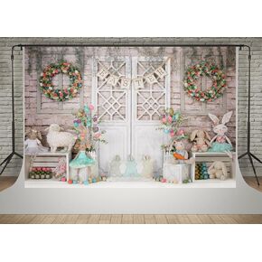 Kate 7x5ft Spring Happy Easter Day Photography Backdrops Colorful Eggs Cute Rabbit Toy Photographic Background Retro Gray Wall White Door Baby Shower Newborn Shooting Backdrop