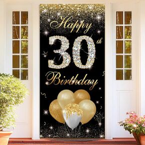 Happy 30th Birthday Decorations for Men Women - 30 Birthday Door Banner, Yard Sign, Photo Booth Props Backdrop - Black Gold Birthday Party Decor Supplies in Fabric Material, 3 x 6 ft