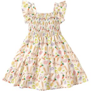 Girls Summer Dress Baby Girl Dinosaur Smocked Dress Ruffle Halter Sleeveless Swing Twirly Sundress Casual Beach Tutu Dress