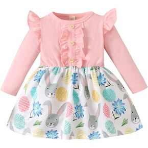 Toddler Baby Girl Easter Outfits Ruffle Long Sleeve Bunny Print One-Piece Dress Rabbit Skirt