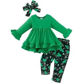 AGQT طقم ملابس للفتيات الصغيرات لعيد القديس باتريك الأول مكون من 3 قطع بأكمام طويلة مكشكشة وعصابة رأس وسروال برسيم مقاس 6 M -3 T in Kuwait