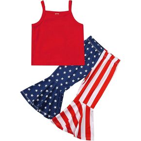 Kayotuas Baby Girls 4th of July Outfit Sleeveless Romper Shirts American Flag Flared Bell Bottom Pants Headband Set