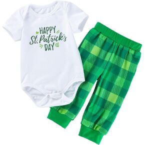 AGQT Infant Baby Girls Boys St. Patrick's Day Green Shamrock Outfit 2PCs Bodysuit Romper Pant Set 0-24 Months