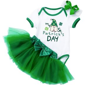 Infant Baby Girl My 1st St. Patrick's Day Outfit Short Sleeve Bodysuit + Green Tutu Dress Bow Headband 3Pcs Clothes
