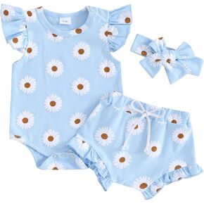 الوليد طفلة ملابس الصيف لطيف ديزي طباعة يطير كم رومبير شورت مكشكش مجموعة عصابات رأس الرضع 3 قطعة وتتسابق in Kuwait