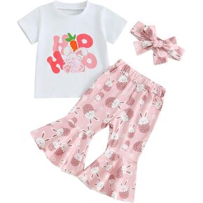 Mandizy Toddler Girl Easter Outfit Baby Girl Bunny Outfit Egg Carrot Print Short Sleeve T-Shirt Bell Bottoms Pants Clothes