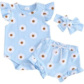 Hnyenmcko Newborn Baby Girl Clothes Daisy Print Fly Sleeve Romper Ruffle Bloomer Shorts Headband Set Infant Summer Outfits in Kuwait