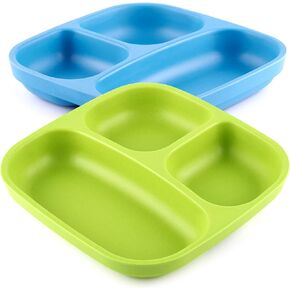 GET FRESH PLA Kids Divided Plates Set – 2-pack Melamine-Free Sectioned Plates for Kids and Toddlers – Stackable BPA-free Childrens Dinnerware Divider Plates – Reusable 3 Compartment Kids Plates