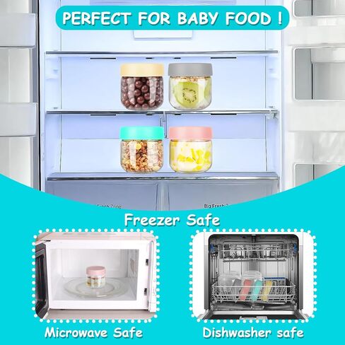 عبوة من 4 عبوات زجاجية لأغذية الأطفال من GoldArea، برطمانات تخزين أغذية الأطفال بأغطية سعة 8 أونصة، برطمانات زجاجية لأغذية الأطفال، حليب الثدي، حاويات صغيرة للثلاجة والفريزر والميكروويف الآمن. in Kuwait