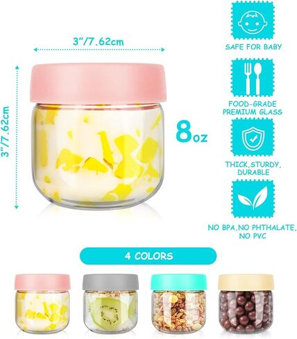 عبوة من 4 عبوات زجاجية لأغذية الأطفال من GoldArea، برطمانات تخزين أغذية الأطفال بأغطية سعة 8 أونصة، برطمانات زجاجية لأغذية الأطفال، حليب الثدي، حاويات صغيرة للثلاجة والفريزر والميكروويف الآمن. in Kuwait