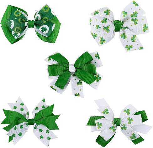 5 Pcs St.Patrick's Day Hair Bows Clips with Alligator Hairpins Shamrock Hair Bows Clips Green Shamrock Clover Hair Pins Handmade Grosgrain Ribbon Bows St Patrick Day Hair Accessories for Kids Babies in Saudi Arabia