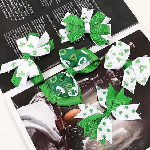 5 Pcs St.Patrick's Day Hair Bows Clips with Alligator Hairpins Shamrock Hair Bows Clips Green Shamrock Clover Hair Pins Handmade Grosgrain Ribbon Bows St Patrick Day Hair Accessories for Kids Babies in Saudi Arabia