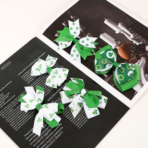 5 Pcs St.Patrick's Day Hair Bows Clips with Alligator Hairpins Shamrock Hair Bows Clips Green Shamrock Clover Hair Pins Handmade Grosgrain Ribbon Bows St Patrick Day Hair Accessories for Kids Babies in Saudi Arabia