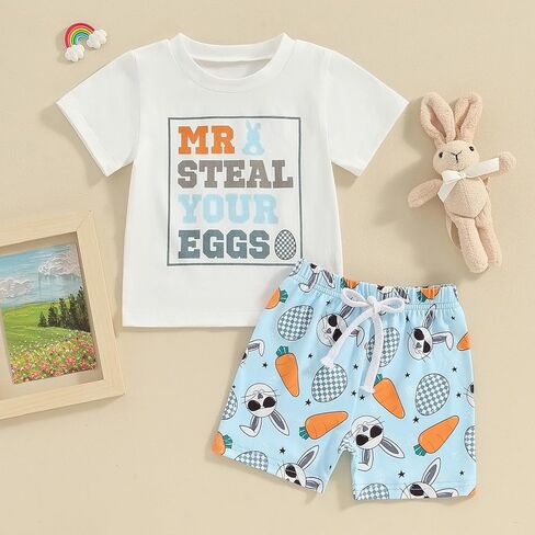 JLKGICF Toddler Baby Boy Easter Outfits Short Sleeve Tops + Bunny Egg Print Shorts Set Infant Summer Clothes in Kuwait