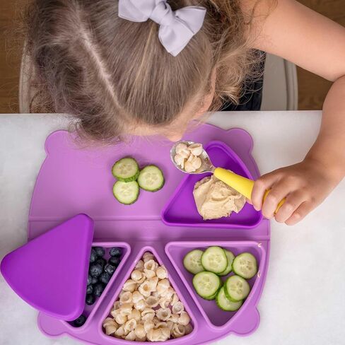 On-The-Go Snack Mat – Baby Silicone Travel Dining Placemat – Portable Silicone Toddler Plate – Reusable Snack Container with 3 Compartments and Lids for 6 Months + (Plum) in Kuwait