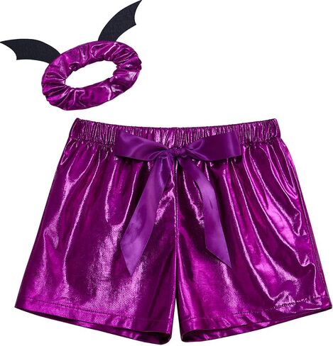 شورت CHENBAO للفتيات الصغيرات من جلد البولي يوريثان المعدني للفتيات الصغيرات، سراويل قصيرة للهالوين مع ربطات شعر الخفاش in Kuwait