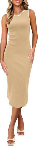 فستان MIHOLL نسائي مضلع متوسط ​​الطول بياقة دائرية بدون أكمام، فساتين صيفية كاجوال in Kuwait