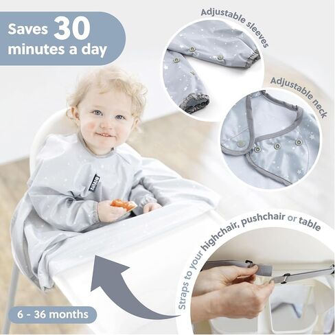 BIBaDO Long Sleeve Coverall Bib – Babies & Toddlers 6-36. Mess Proof Baby Feeding Bib Attaches To Highchairs, Pushchairs, Tables. 100% Waterproof, Machine Washable in Saudi Arabia
