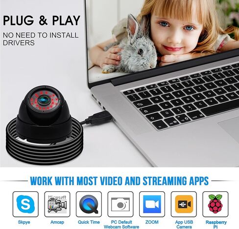 كاميرا مراقبة على شكل قبة USB بدقة 2 ميجابكسل للمراقبة ليلاً ونهارًا ومقاومة للطقس، كاميرا CCTV بدقة 1080 بكسل تعمل مع كشف الحركة المنزلية الذكية لمراقبة الأطفال والحيوانات الأليفة، رؤية قريبة تصل إلى 80 قدمًا in Kuwait