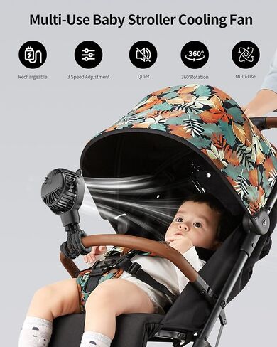 GOTOTO Baby Stroller Fan, Rechargeable Portable Fan with 2000 mAh Battery Operated,3 Wind Speed,360-Degree Rotation,Ultra-Low Noise Level,Safe mini fan for your baby in Saudi Arabia