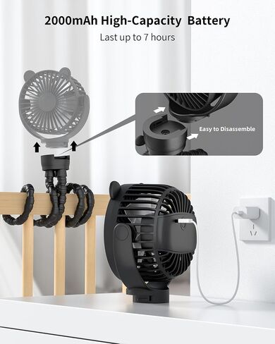 GOTOTO Baby Stroller Fan, Rechargeable Portable Fan with 2000 mAh Battery Operated,3 Wind Speed,360-Degree Rotation,Ultra-Low Noise Level,Safe mini fan for your baby in Saudi Arabia