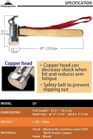 CAMPINGMOON Camping Hammer Peg Tent Stake Hammer Stainless Steel Head Wood Hand with Tent Tarp Stake Remover C6 in Saudi Arabia