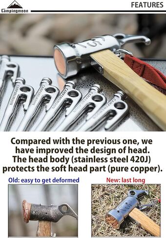 CAMPINGMOON Camping Hammer Peg Tent Stake Hammer Stainless Steel Head Wood Hand with Tent Tarp Stake Remover C6 in Saudi Arabia