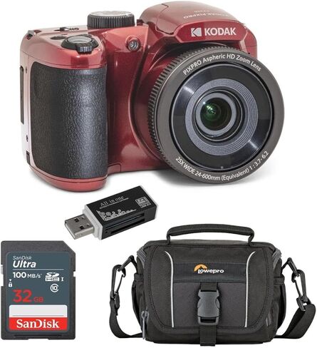 KODAK PIXPRO AZ255-RD 16MP Digital Camera 25X Optical Zoom 24mm Wide Angle Lens Optical Image Stabilization 1080P Full HD Video 3" LCD Vlogging Camera, with Bag & 32GB SD Card + Card Reader in Saudi Arabia