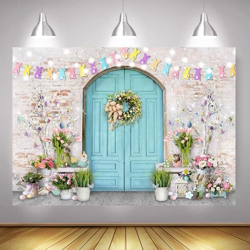 Mocsicka Easter Backdrop Blue Wooden Doors Brick Wall Bunny Rabbit Spring Photography Backdrops Easter Day Party Decorations Easter Photo Background Photo Studio Props (7x5ft (82x60 inch)) in Saudi Arabia