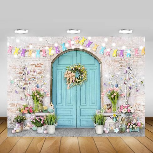 Mocsicka Easter Backdrop Blue Wooden Doors Brick Wall Bunny Rabbit Spring Photography Backdrops Easter Day Party Decorations Easter Photo Background Photo Studio Props (7x5ft (82x60 inch)) in Saudi Arabia