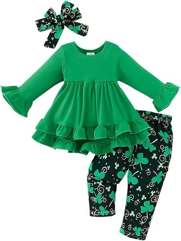 AGQT طقم ملابس للفتيات الصغيرات لعيد القديس باتريك الأول مكون من 3 قطع بأكمام طويلة مكشكشة وعصابة رأس وسروال برسيم مقاس 6 M -3 T in Kuwait